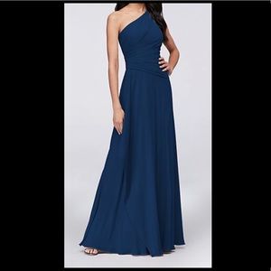 One shoulder marine blue long bridesmaid dress